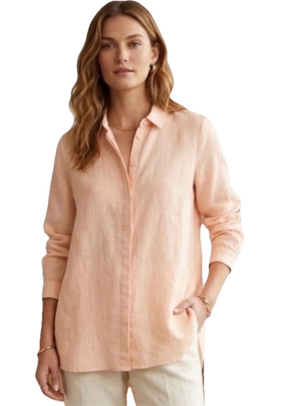 Eileen Fisher Long Sleeve Women’s Peach Linen Button Down Tunic Size Large